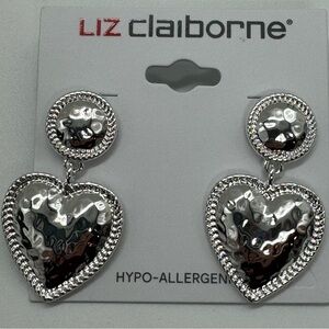 Liz Claiborne Silver Dangling Textured Puffy Heart Earrings